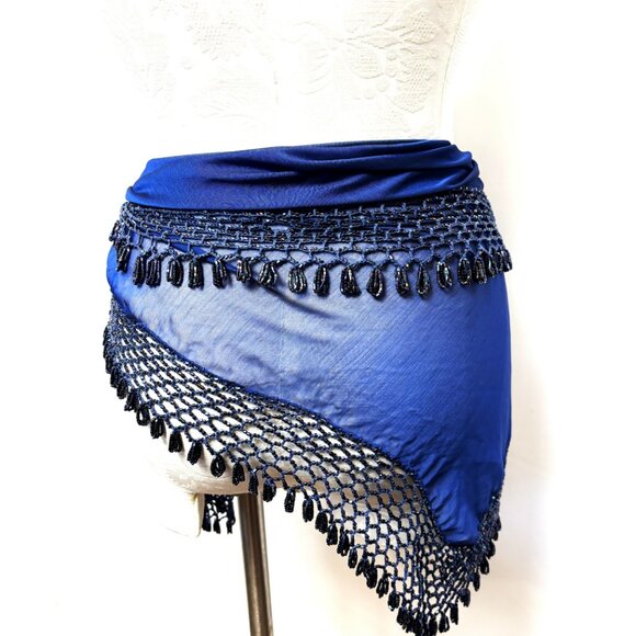 Beaded Royal Blue Sheer Triangle Shawl Scarf 37” x 37” x 61” - Picture 12 of 13